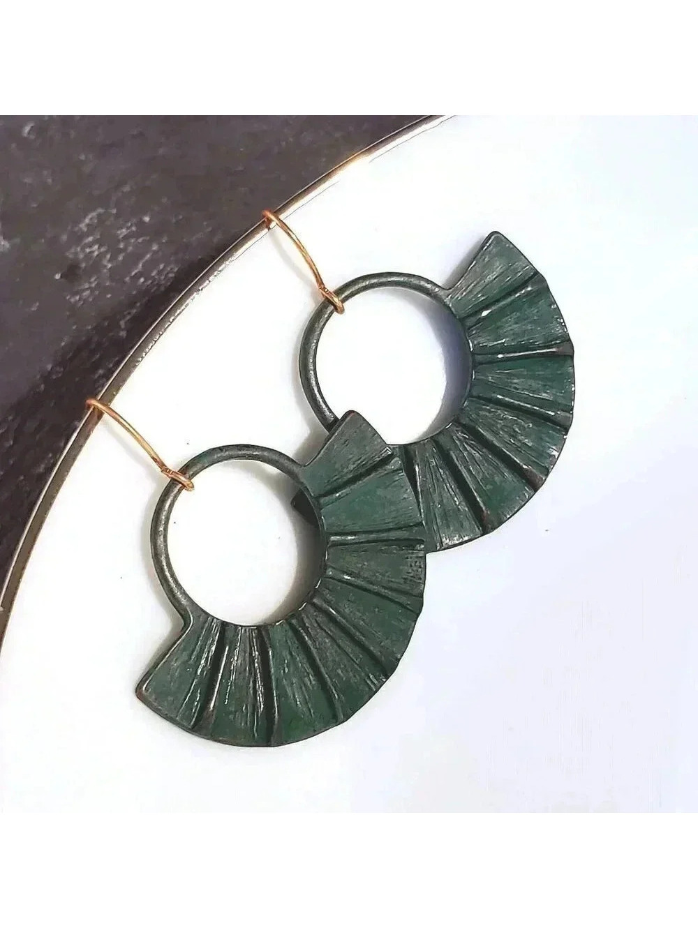 Antique Copper Verdigris Blue Green Patina Edgy Round Fan Earrings